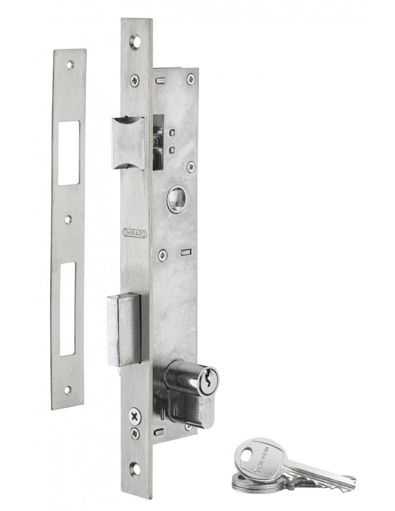 Serratura da incasso con cilindro per infissi in metallo, asse 21mm, L 36, piastra quadra, cilindro 30x30mm, acciaio inossidabile, 3 chiavi - THIRARD