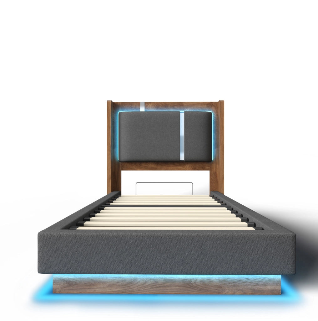Letto imbottito 90x200 con LED, vano contenitore e rete a doghe