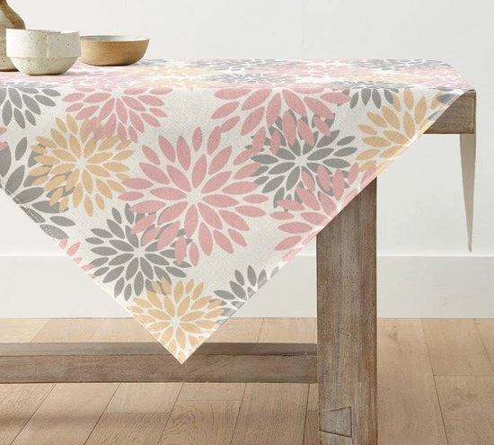 Decorazione di tavola floreale con fiori di zinnia rosa, dimensioni 100x100 cm, decorazione estiva per la cucina e il salotto, decorazione per feste e occasioni.
