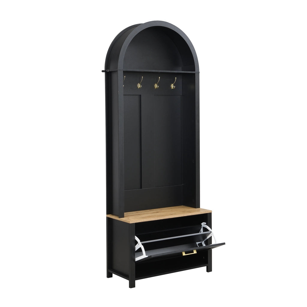 Armadio guardaroba da ingresso con ganci, ripiano e scarpiera, mobile da corridoio, in MDF nero e legno