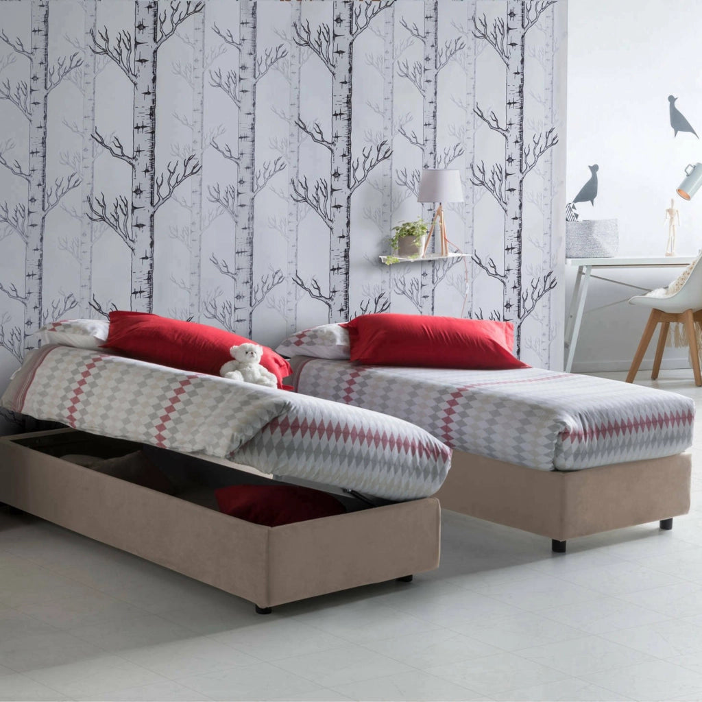 Letto singolo Abbi, Letto contenitore con rivestimento in tessuto, Made in Italy, Apertura laterale, con materasso cm 80x190 incluso, Tortora