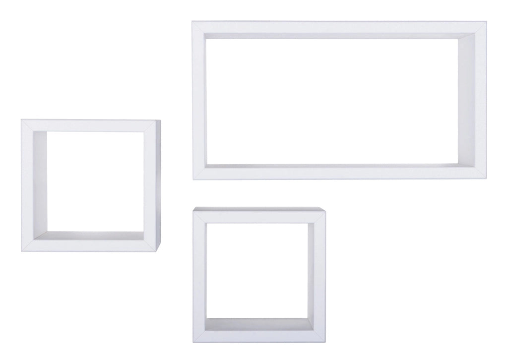 Set 3 Mensole Cubo da Parete Quadrato e Rettangolare in Fibra di Legno Tribù Bianco