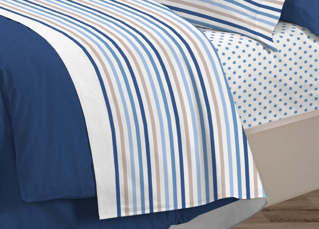 Completo Lenzuola Letto 100% Cotone Italy 3027 Disegno Riga Dots - Singolo - Blu