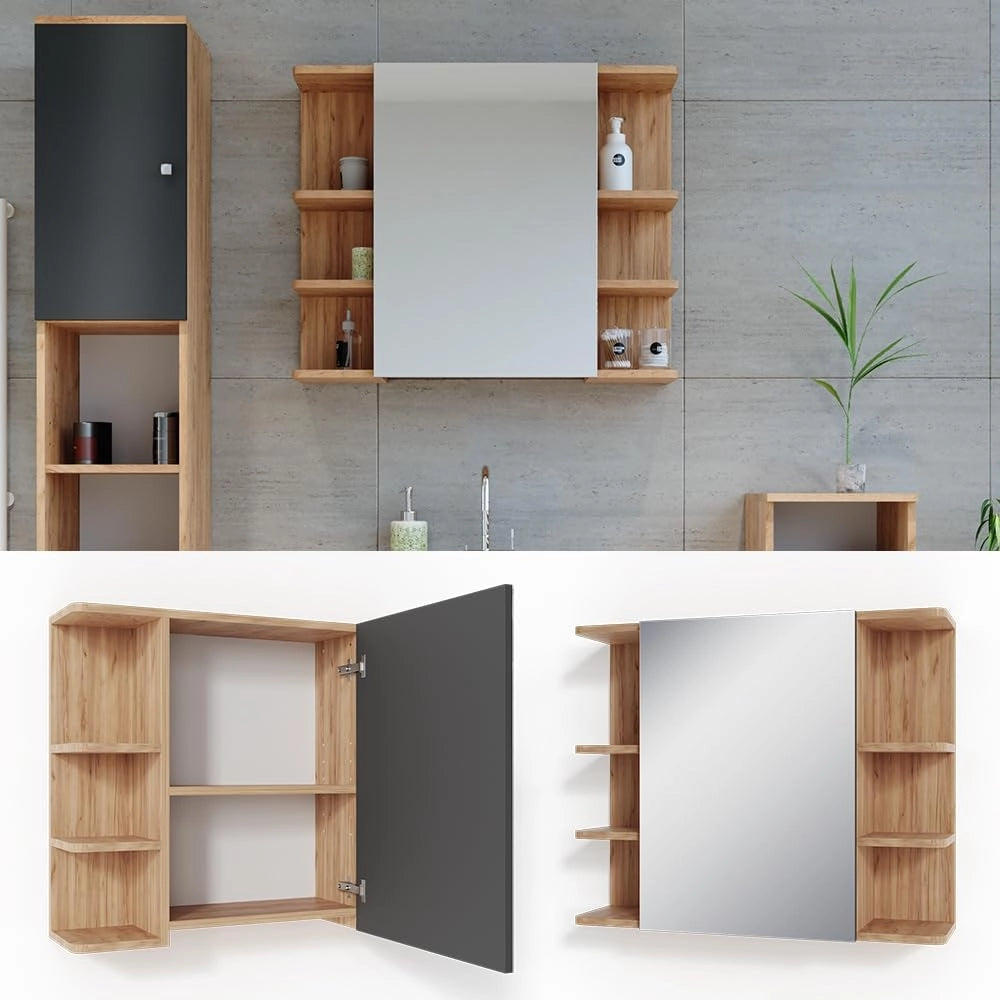 Specchio contenitore bagno Fynn, Quercia dorata, 79.6 x 64 cm, con specchio e ripiani aperti per montaggio a parete