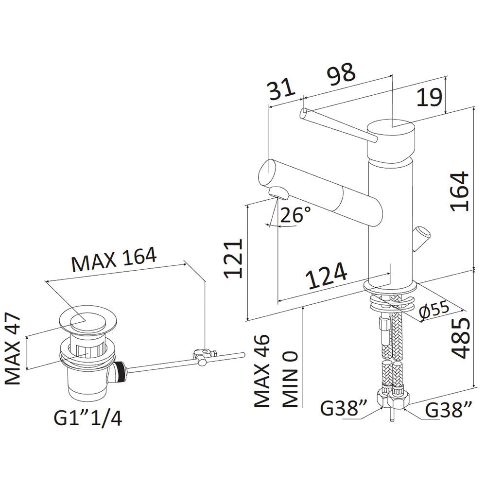 Rubinetto Miscelatore Monocomando Lavabo in Ottone Mariani Hermes Cromato