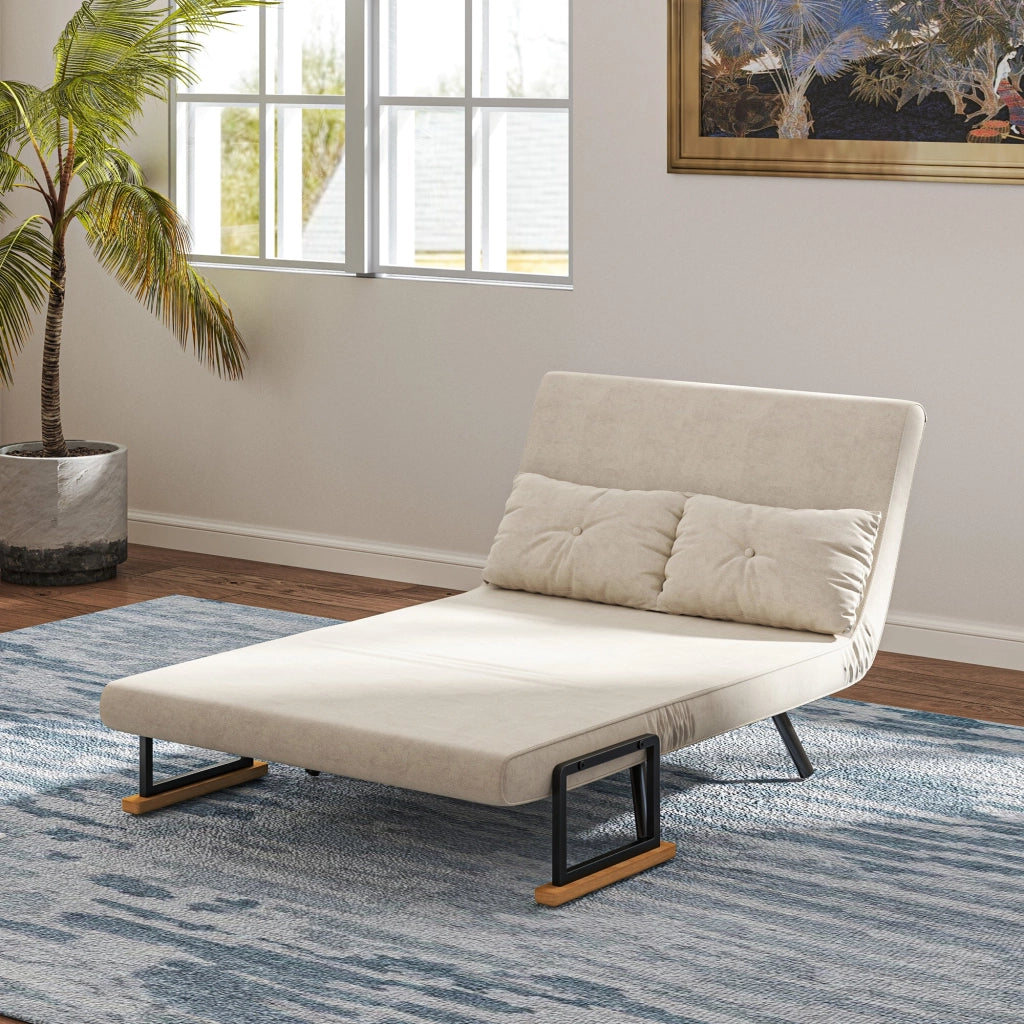 Divano Letto con Schienale Reclinabile e 2 Cuscini in Tessuto Effetto Velluto Bianco Crema