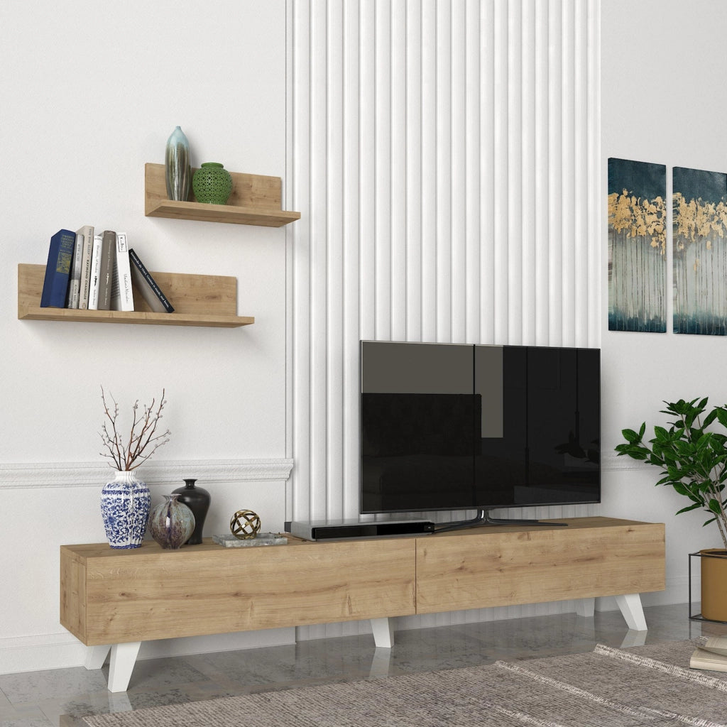 Set di Mobile TV e 2 Mensole da Muro Armadietto Porta TV 180 cm con 2 Ante a Ribalta e Mensole a Forma di L Lunghezze Diverse - Effetto Rovere [en.casa]