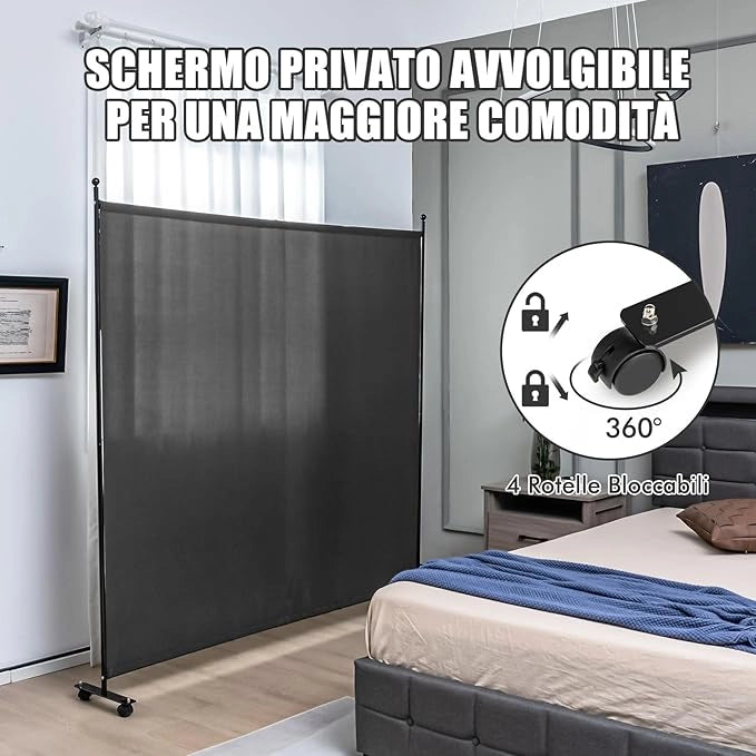 Separé Divisorio Singolo 184 x 184 CM, Paravento da Interno ed Esterno con Ruote Bloccabili, Pannello Divisorio per Ambienti Interni Portatile da Soggiorno Camera da Letto e Ufficio (Grigio)