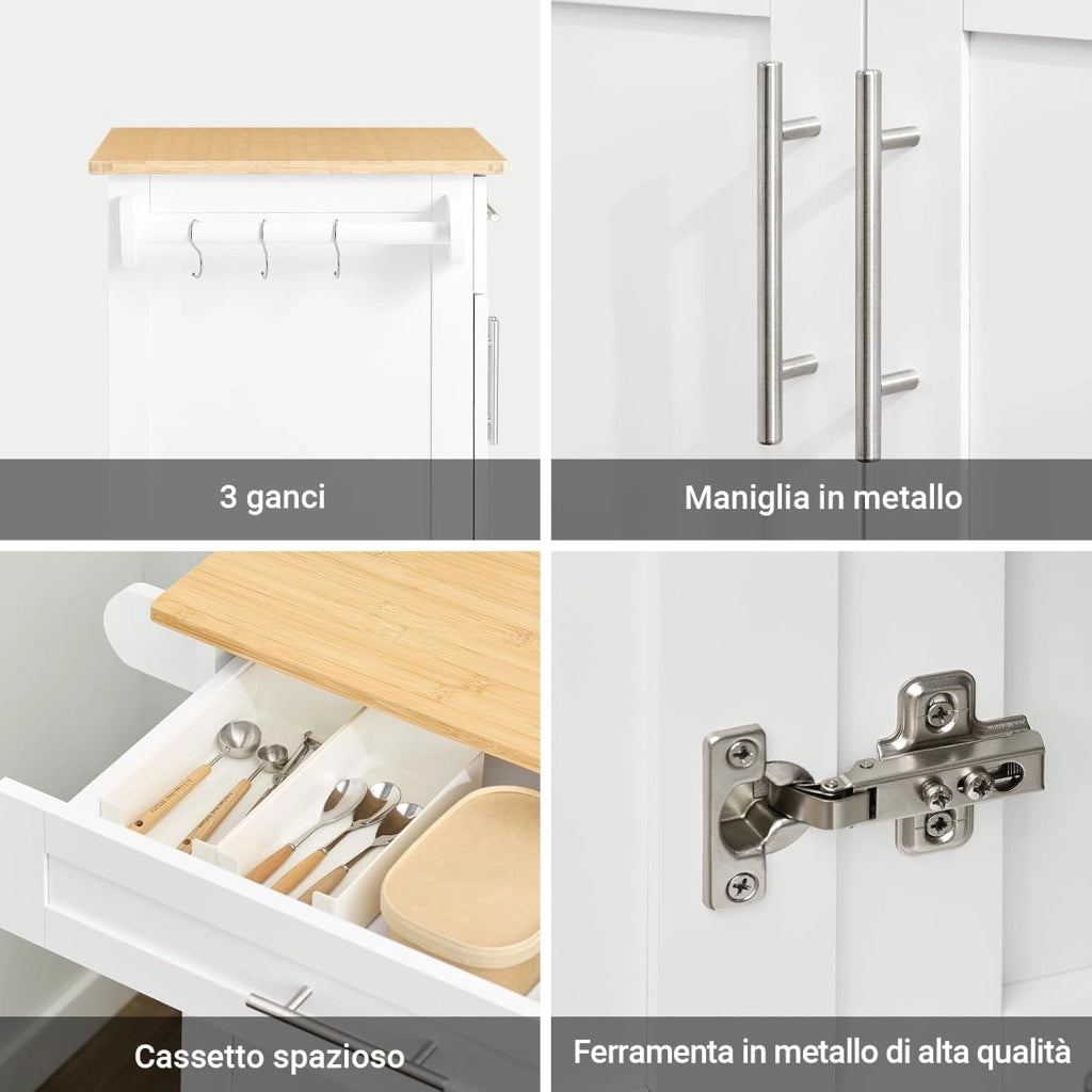 Carrello Cucina con Ruote – Mobile Cucina Salvaspazio con Piano in Bambù, Carrello Cucina con Cassetto e Armadietto, Credenza Cucina e Mobiletto Cucina per Soggiorno 84x44,5x91cm FKW13-II-WN