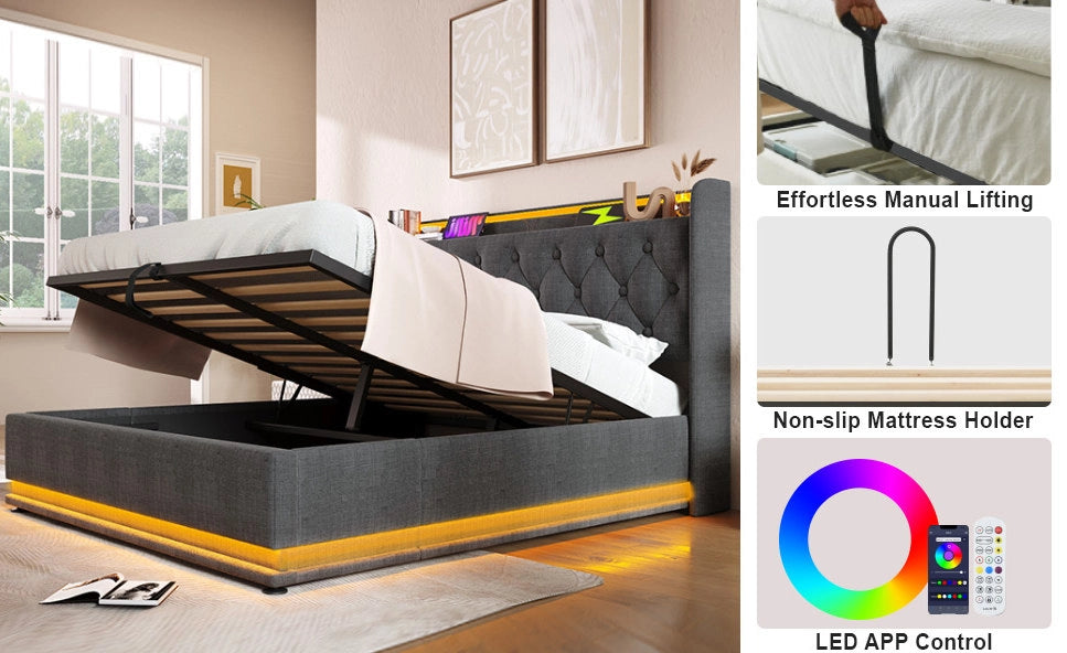 Letto contenitore 140x190 cm grigio con LED 360° e USB-C