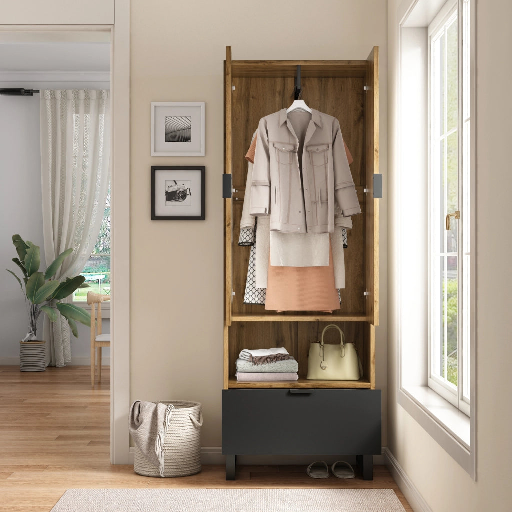 Armadio con asta appendiabiti, 1 cassetto e 3 ripiani, per ingresso, in truciolare, nero, 180 × 38 × 65 cm