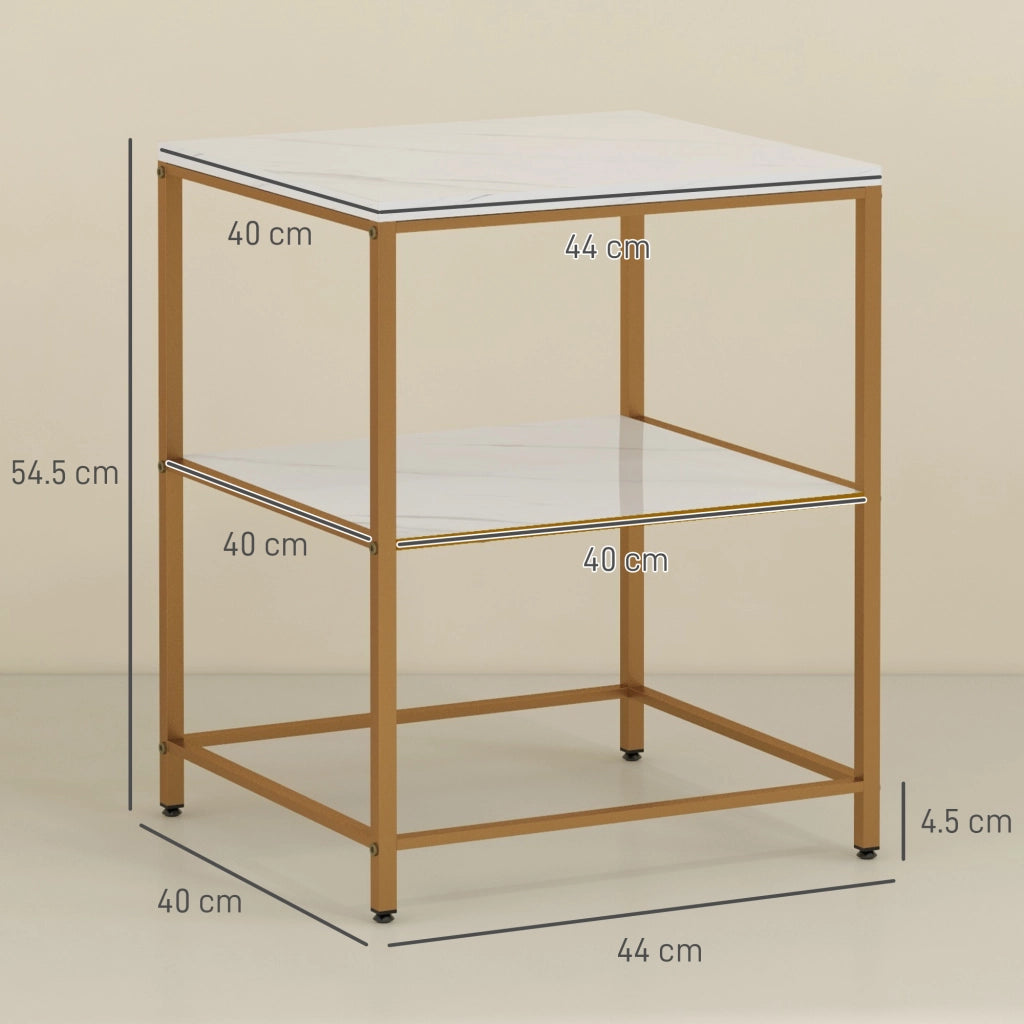 Tavolino da caff¨¨ con 2 ripiani effetto marmo e struttura in metallo dorato ¨C Minimal ¨C 44x40x54,5 cm