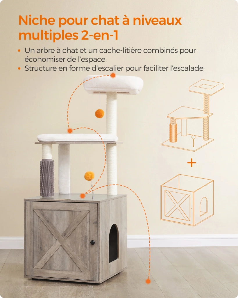 Tiragraffi con lettiera moderna torre gioco 2 in 1 cuccia per gatti da 134 cm con lettiera tiragraffi trespolo tappetino lavabile grigio 12_0003812