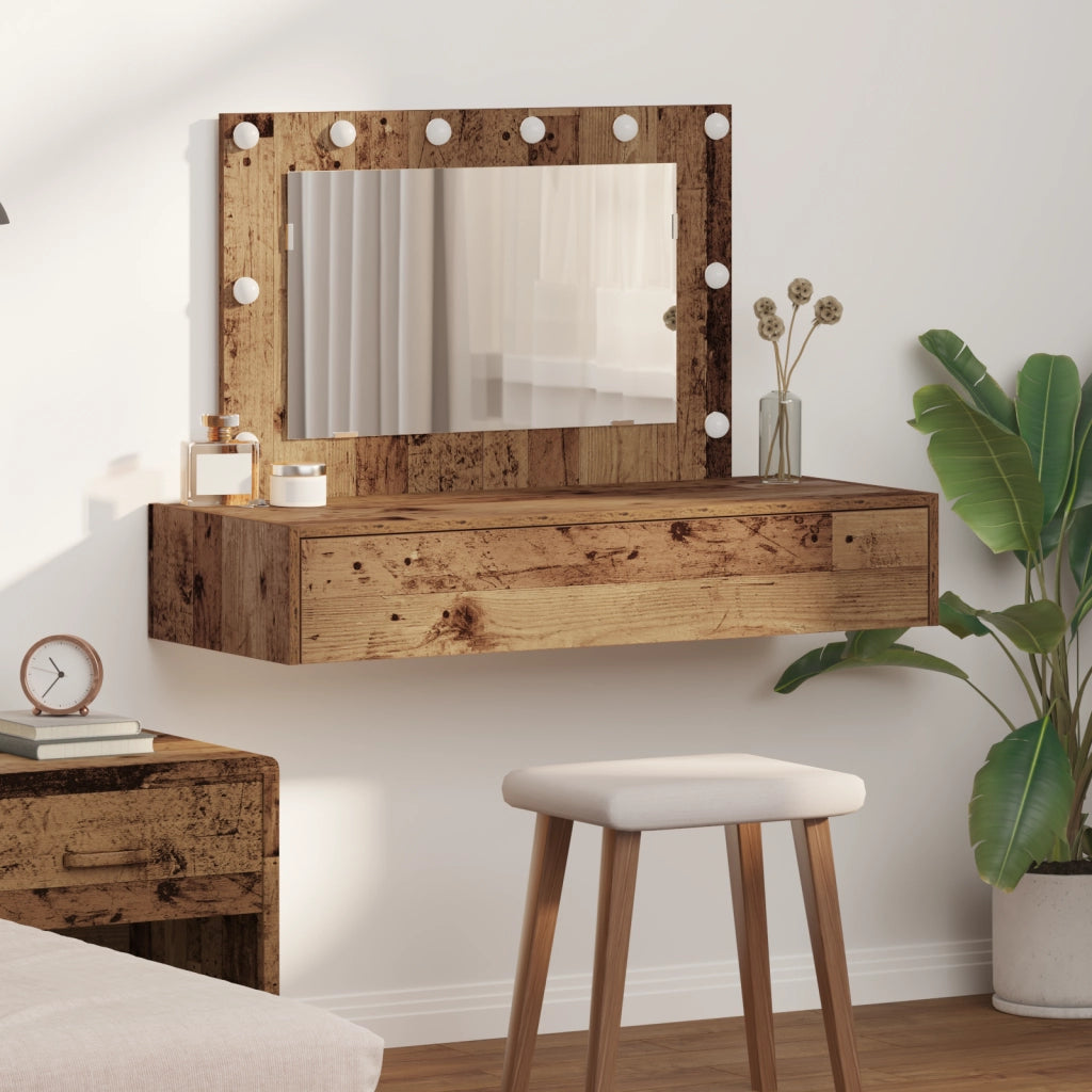 Tavolo da Trucco da Muro con Luci LED Legno Antico