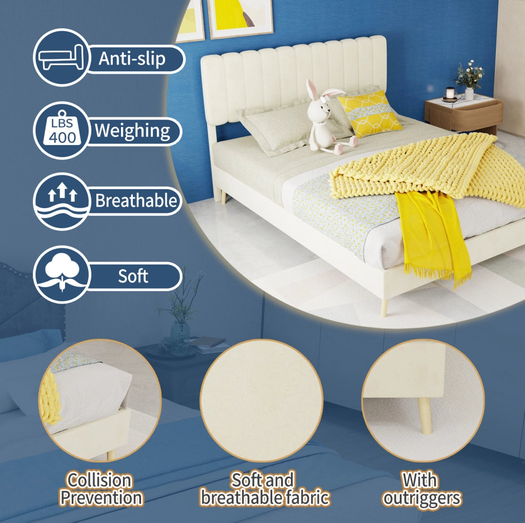 Letto imbottito 140x200 cm con testiera alta; tessuto beige
