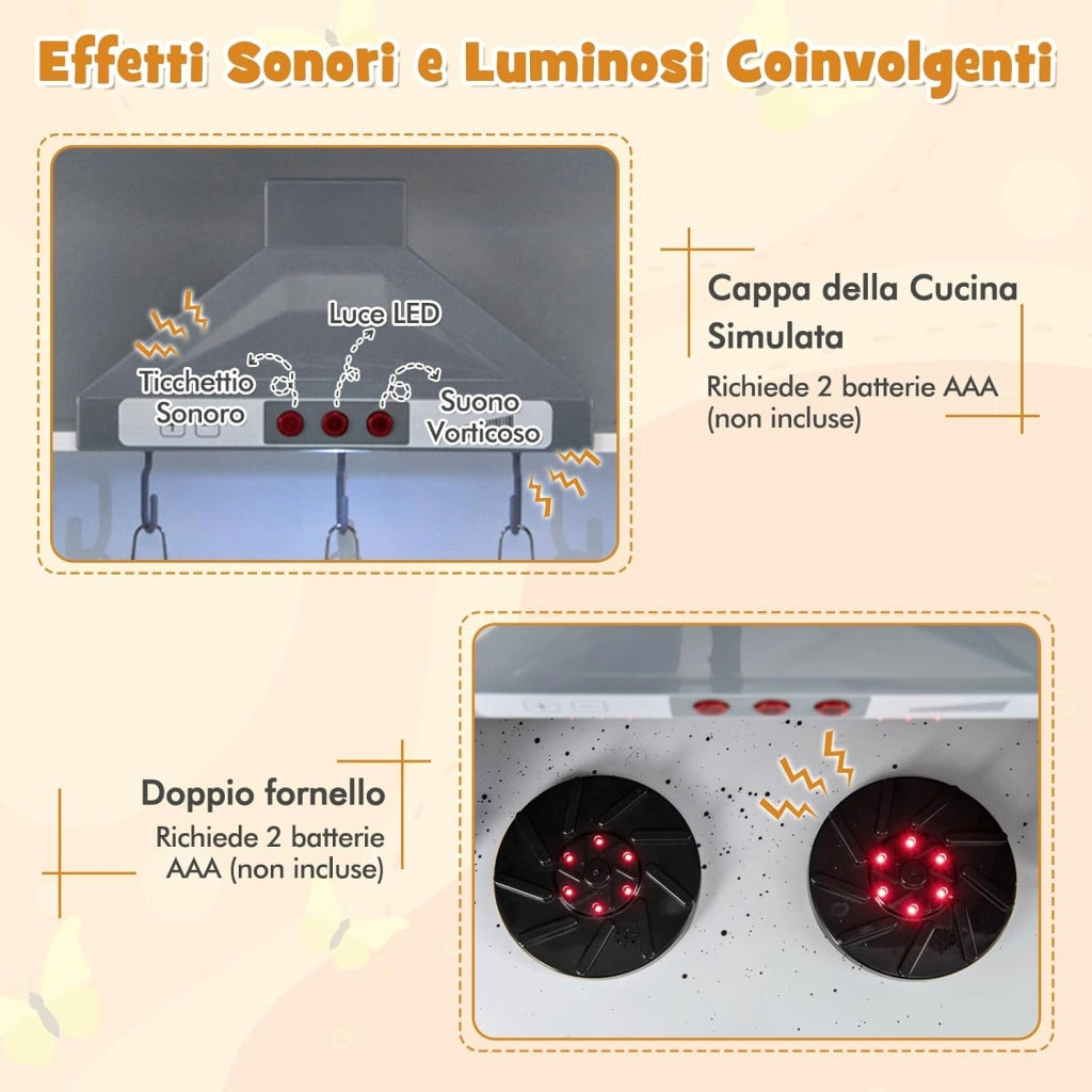 Cucina Giocattolo per Bambini, Cucina Legno per Bambini Con Forno, Microonde, Macchina del Ghiaccio, Macchina per Caffè, Lavello e Rubinetto, Con Suoni e Luci, per Bambini 3+ Anni (Bianco)