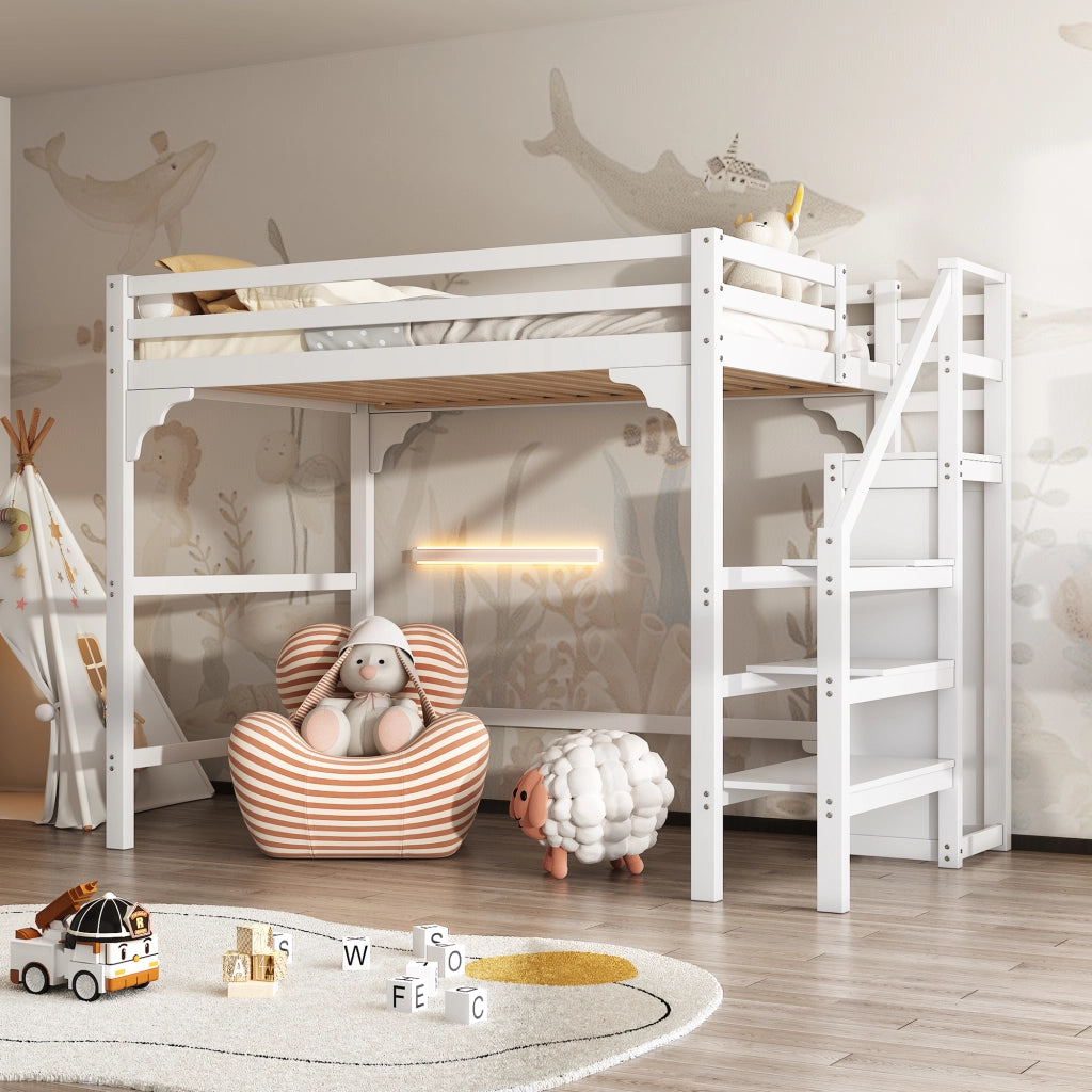 Letto a Soppalco Matrimoniale con Scala Contenitore e Armadio; 140 × 200 cm; senza Materasso; Bianco
