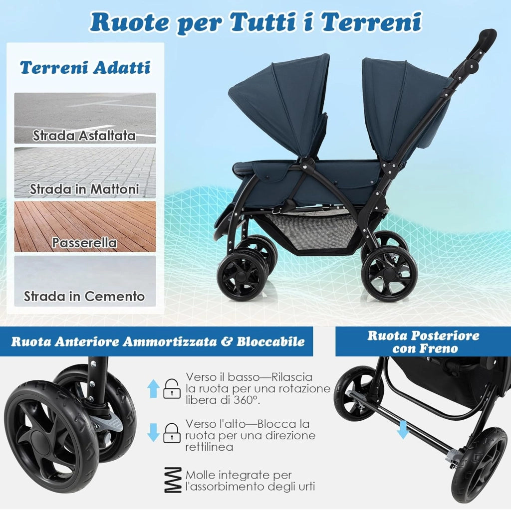 Passeggino Doppio Pieghevole per Bambini, Passeggino Gemellare Pieghevole, con Seduta in Tandem e Tettuccio, Schienale Regolabile, Ruote Bloccabili e Antiurto, per Bambini 0-36 Mesi (Blu)