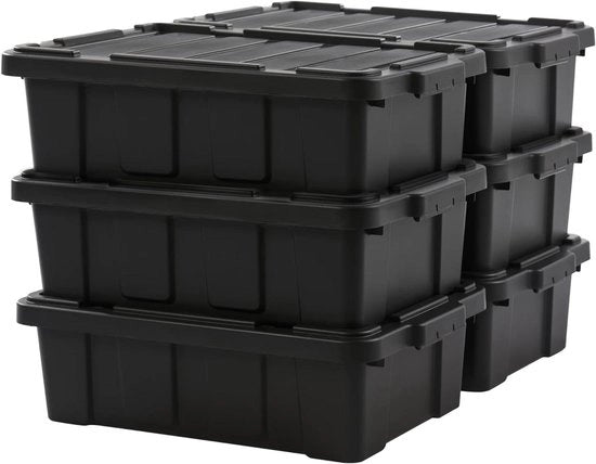 Cassetto di Stoccaggio in Plastica con Coperchio e Chiusura a Clip 25L Set di 6 Stacking Nesting BPA-Non Tossico Ripostiglio Sottoscala Magazzino Garage DDSKT-230 nero