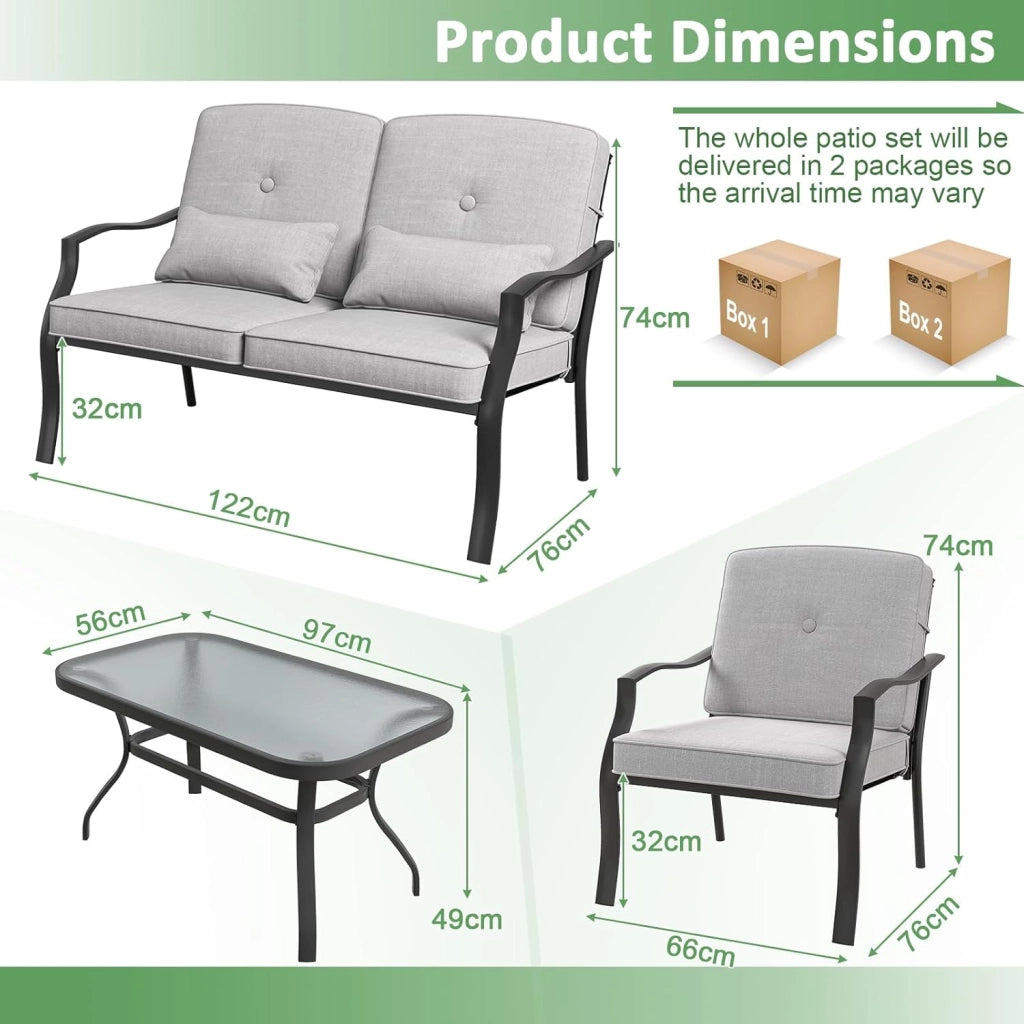 Set di 4 mobili da giardino con tavolino da salotto e panca da giardino e 2 sedie da pranzo, set da 4 persone, set da giardino con cuscino, mobili da giardino