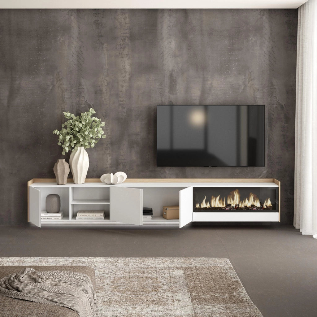 Mobile TV Soggiorno, 315x50x35 cm, Per TV fino a 80", Camino elettrico XXL, Sospeso, da appendere, LED, Bianco e Rovere soft