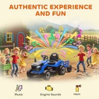 Trattore Elettrico per Bambini con Rimorchio Estraibile Batteria 12V Velocità 3-5 km/h, Telecomando 2,4G Blu