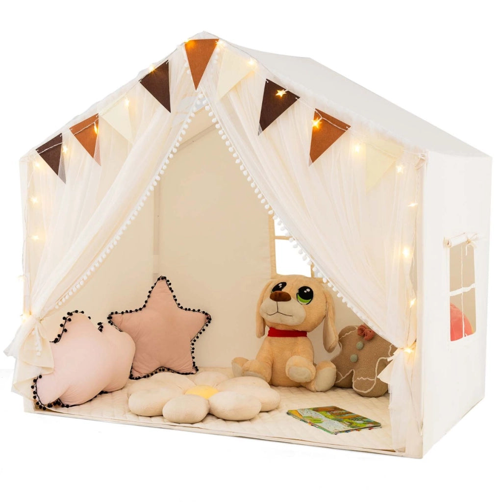 Tenda da gioco per bambini con tende in tessuto e rete luci a stella materassino in cotone, Grande casa da gioco Beige-Tende e Casette per bambini