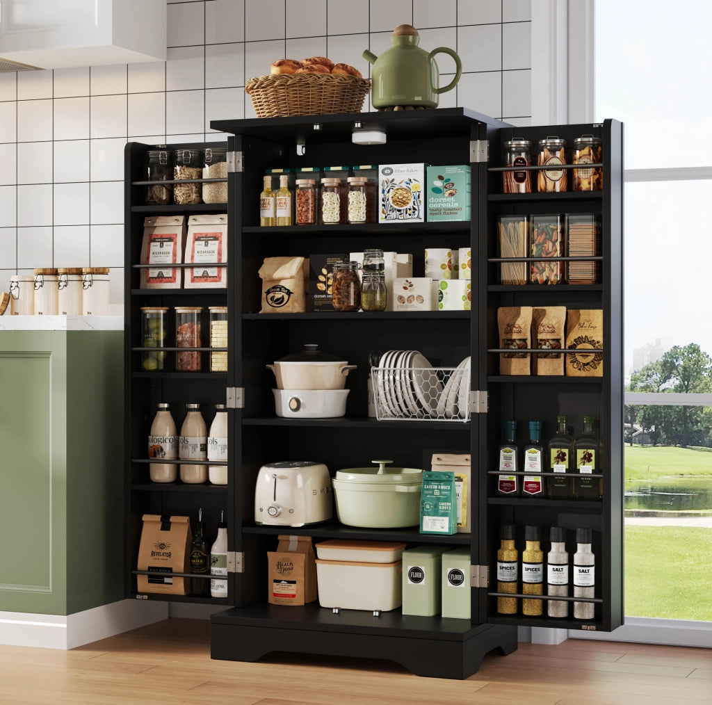 Credenza alta 120x60x40 cm con luce LED sensore; ripiani regolabili in MDF nero
