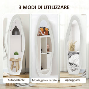 Specchio da Parete o da Terra Autoportante a Figura Intera con Cornice Ondulata in Velluto 160x50 cm Bianco