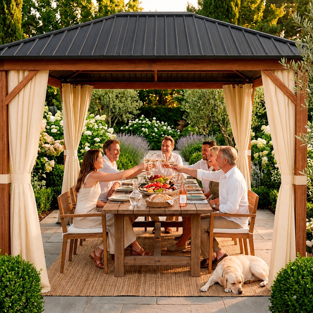 Gazebo 3X4 Metri Per Giardino Con Tetto In Acciaio Zincato Struttura Effetto Legno Tende Laterali Impermeabile Per Outdoor Patio Terrazza 300 X 400 X 295 Cm Effetto Legno E Beige