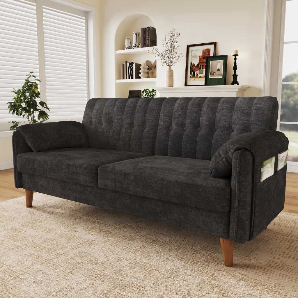 Divano a 2 posti compatto in chenille con schienale ergonomico, cuscini bracciolo e tasche laterali grigio scuro