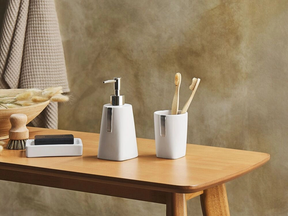 Set di 3 Accessori Bagno in Ceramica beige dispenser sapone porta sapone portaspazzolini