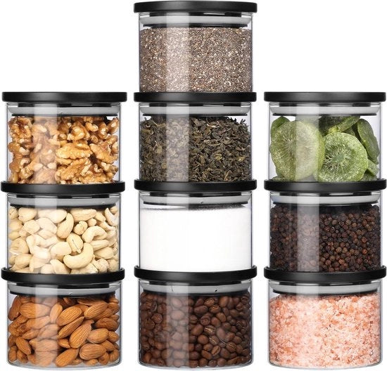 Set di contenitori in vetro trasparente a chiusura ermetica - 10 pezzi - per la conservazione dei cibi - idoneo per zucchero, caffè e spezie - diverse misure