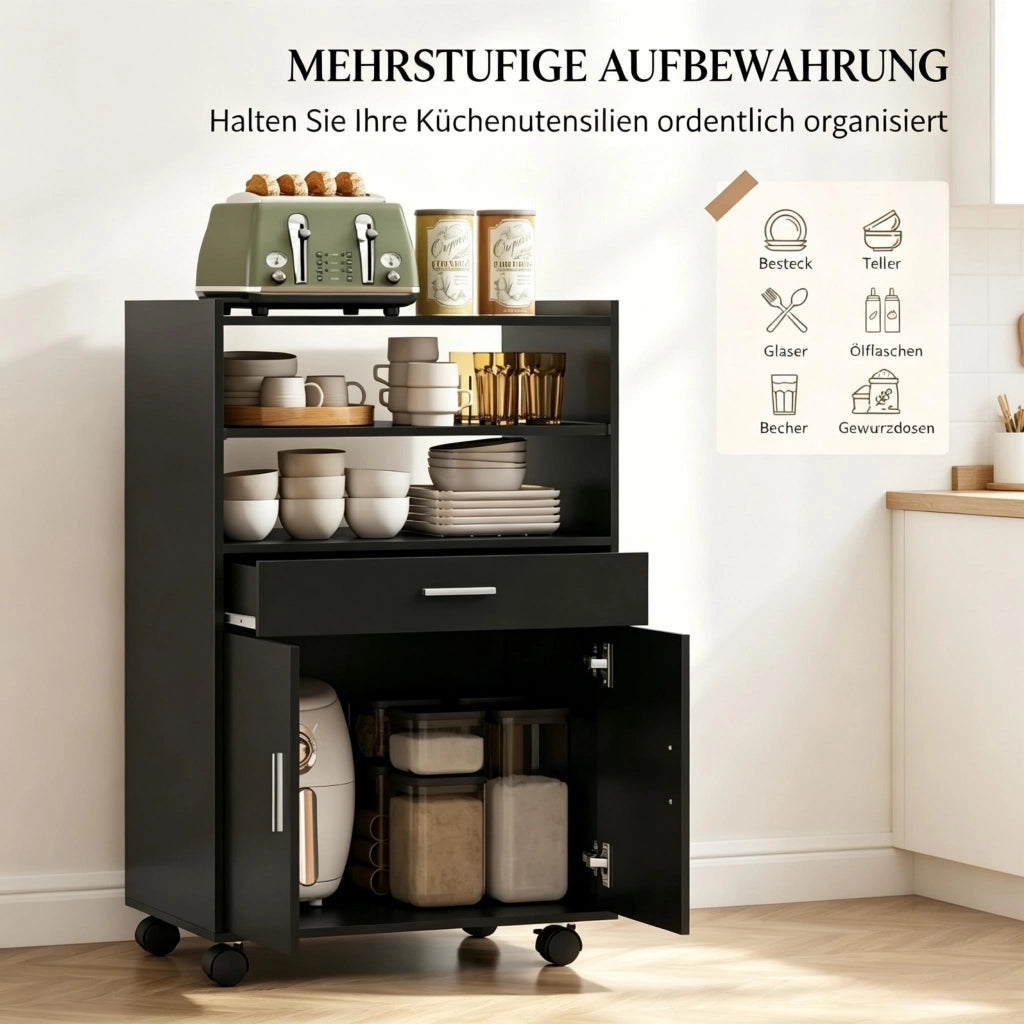 Carrello da cucina con ruote, carrello da cucina mobile con armadietto, cassetti e ripiani per la cucina