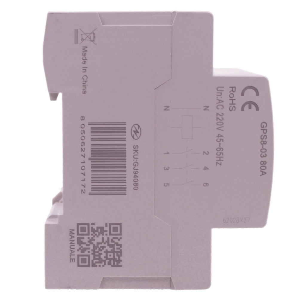 Relè Monitoraggio e Protezione Tensione Corrente con Display, 4P Trifase 80A AC220V, Protezione Sovra/Sottotensione e Sovracorrente, Guida DIN, Ingresso da Sotto, GPS8-03