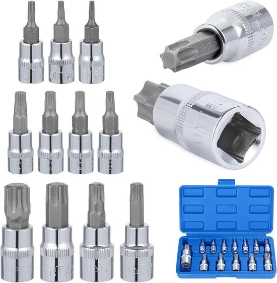 Set di chiavi Torx 13 pezzi comprensivo di T8-T70 | Set di chiavi Torx con bit in acciaio | Attrezzatura per chiavi Torx con trasmissione 1/4 pollici, 3/8 pollici e 1/2 pollici