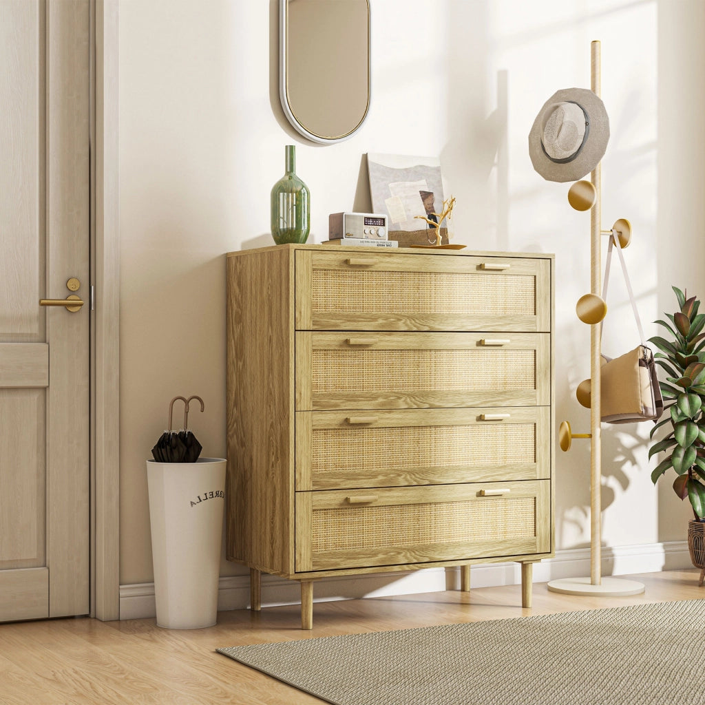 Cassettiera 4 cassetti con fronte in rattan ¨C Minimal ¨C 90x45x108,5 cm colore legno chiaro