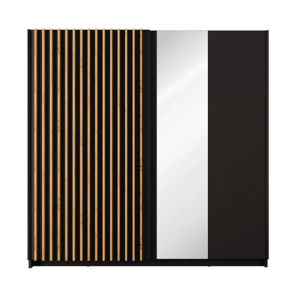 Armadio con 2 porte scorrevoli e specchio 200 cm - nero e rovere - Collezione STRANO