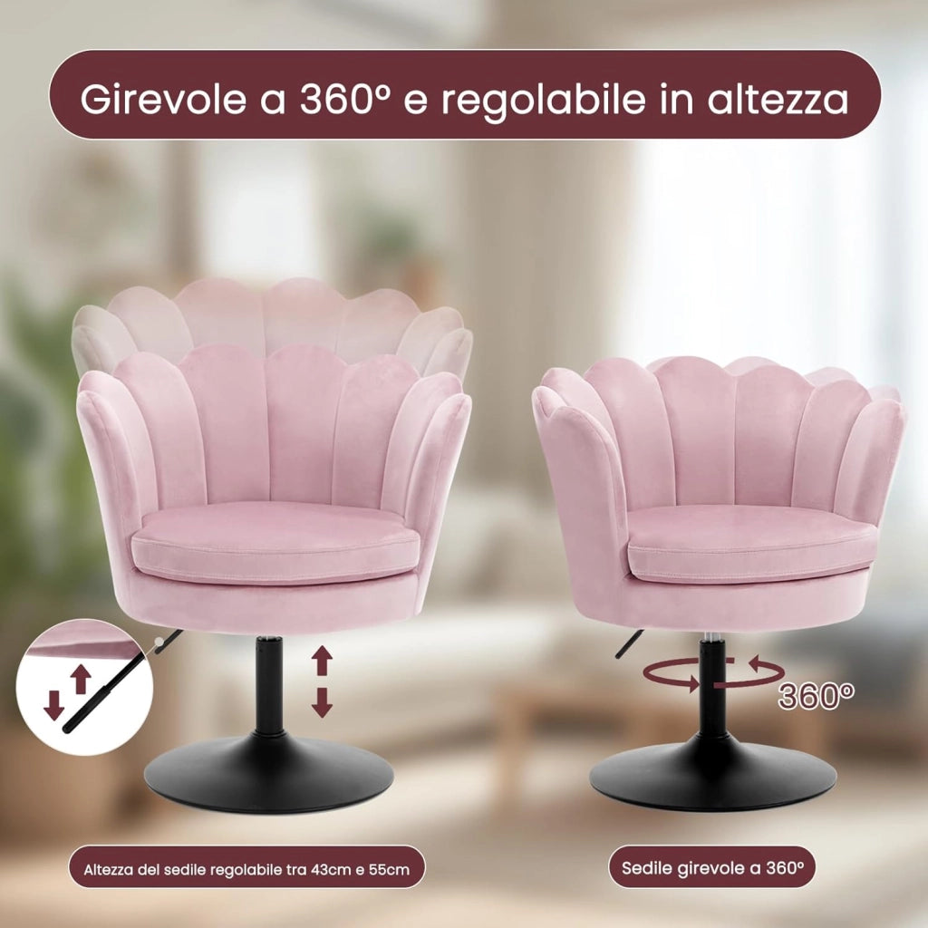 Sedia da Trucco, Sgabello Cucina, Poltrona con Seduta a Forma di Fiore, Girevole a 360°, Sedia in Velluto per Camera da Letto, Soggiorno, Altezza Regolabile 43-55 cm, Rosa