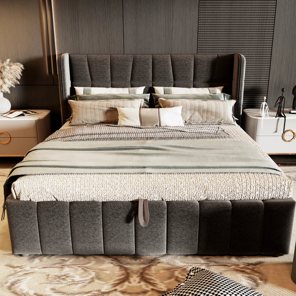 Letto imbottito 213x188x101 cm con vano contenitore in tessuto grigio