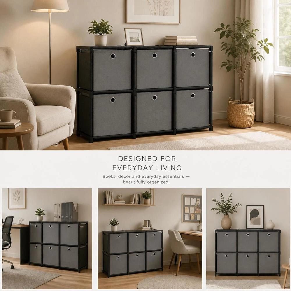 Cube Shelf With 6 Boxes, Black, 103x30x72.5 Cm, Fabric