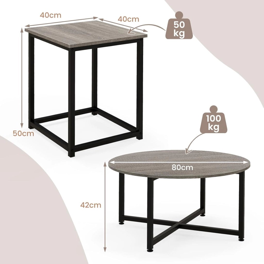 Set di Tavolini da Caffè 3 Pezzi, Tavolino Rotondo e 2 Tavolini Quadrati con Struttura Metallica Robusta, Set di Tavoli da Salotto Moderni 3 Pezzi (Grigio)