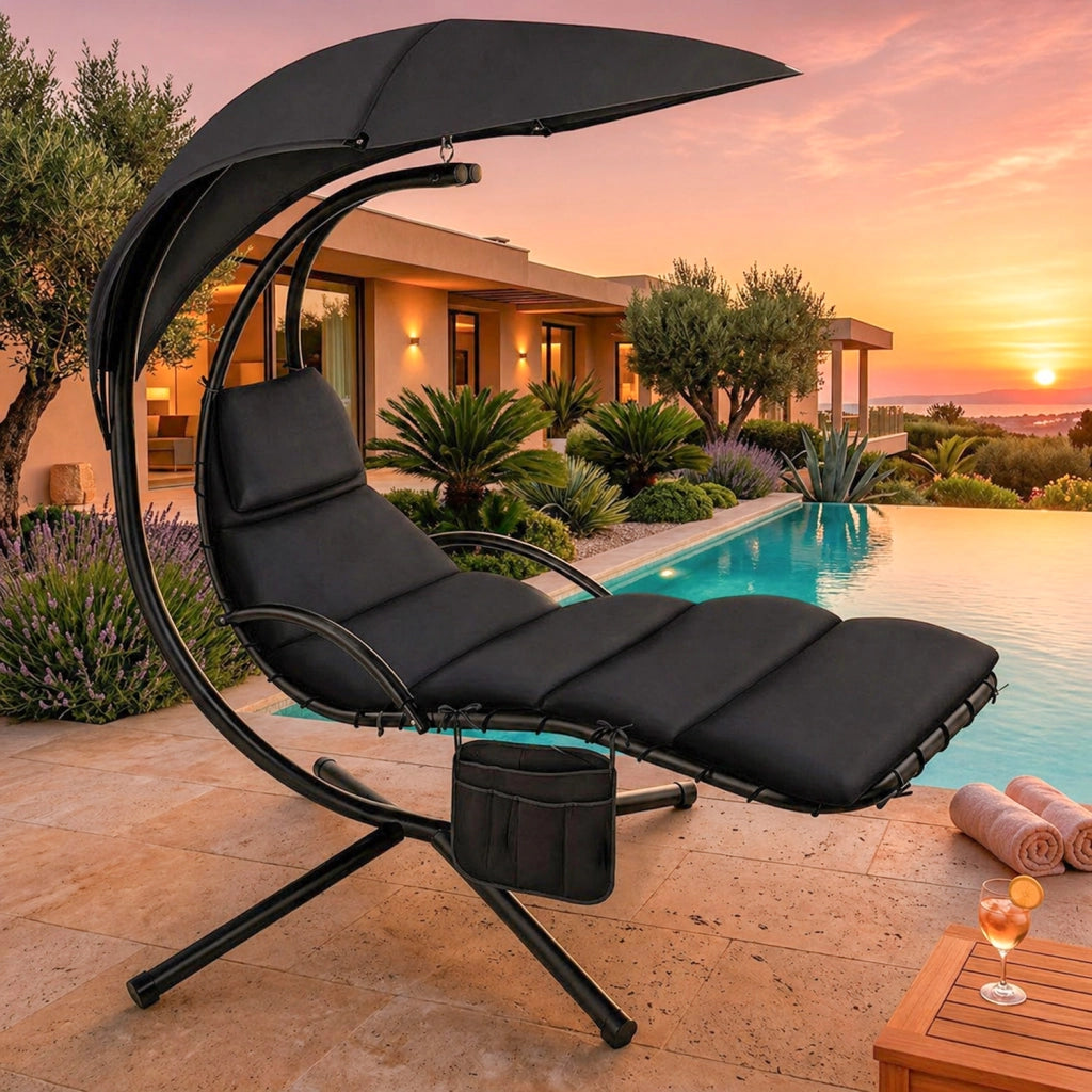 Sdraio Pensile Con Tettuccio Parasole Integrato E Cuscino Ergonomico Amaca Da Giardino In Acciaio E Poliestere 195 x 132 x 197 Cm Nero