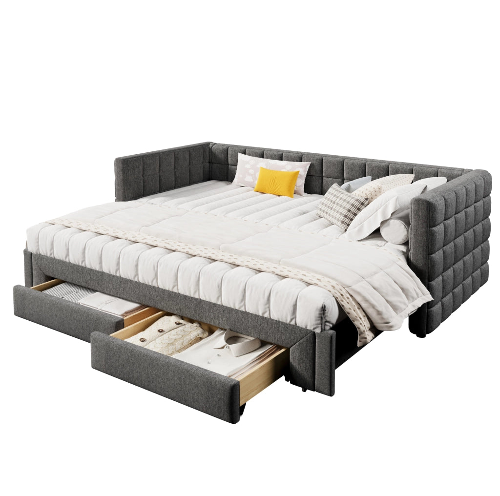 Daybed estraibile 90x200 cm in velluto grigio con 2 cassetti e schienale quadrato