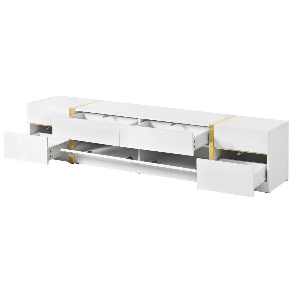 Mobile TV lucido, 4 cassetti, decorazioni a strisce dorate, bianco