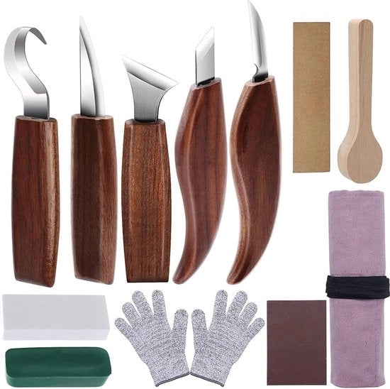 Set di taglio per legno da 12 pezzi per professionisti e principianti - con guanti di taglio resistenti e pietre di affilatura