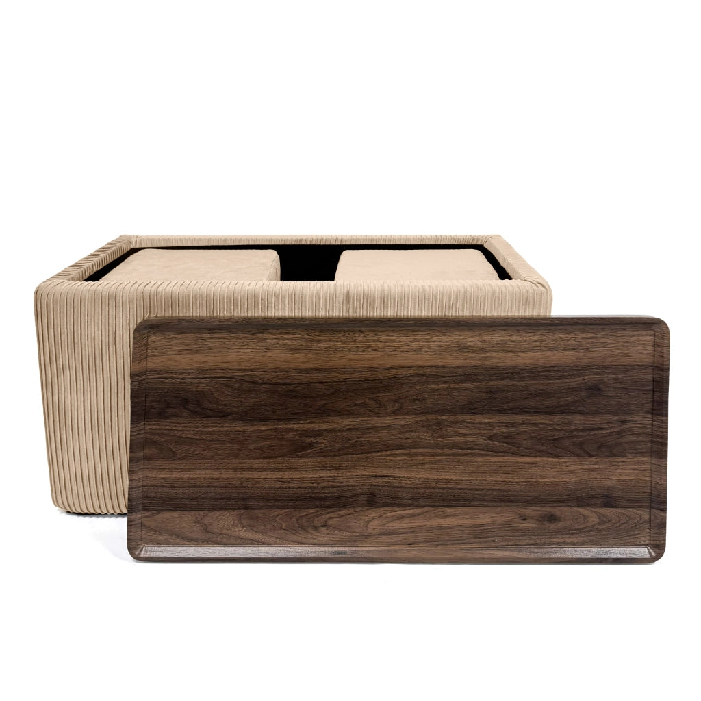 Set 3 Pouf Contenitore Quadrati con Tavolino Rettangolare da Salotto in Velluto e Coperchio in Legno, 2 Pouf Interni Salvaspazio, Tavolino Contenitore Moderno,Poggiapiedi, Seduta Imbottita Crema