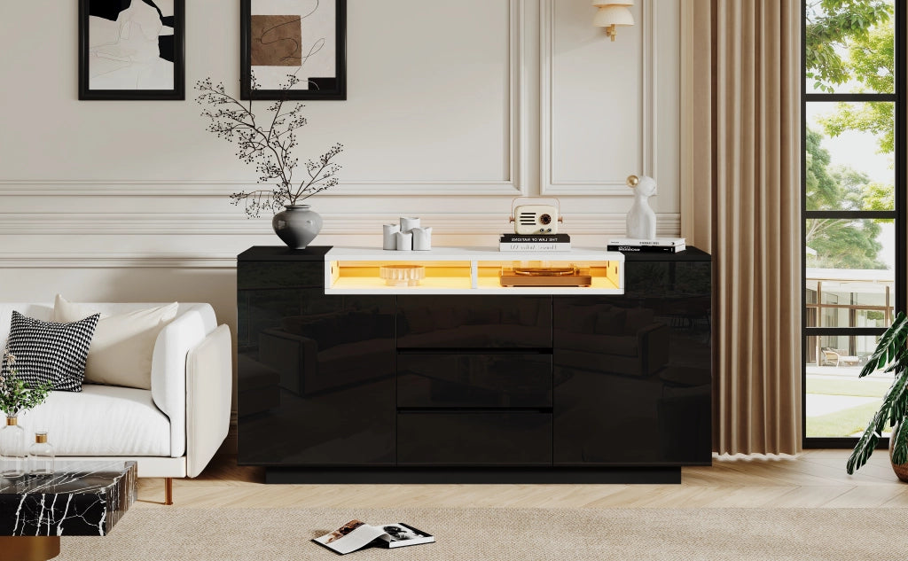 Credenza soggiorno nera 140 cm mobile buffet lucido con LED e cassetti