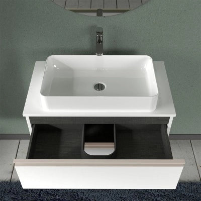 Mobile bagno sospeso 80 cm bianco opaco con top e specchio tondo Master