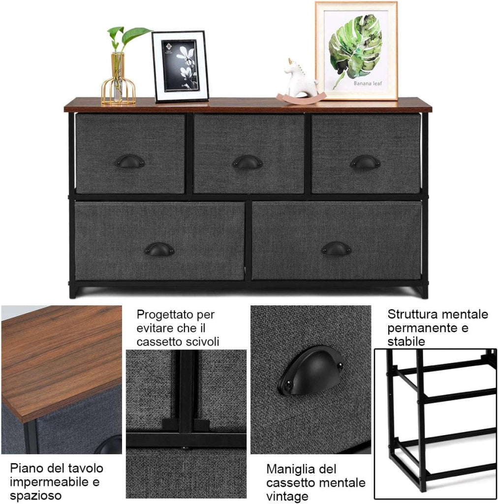 Cassettiera 5 Cassetti, Mobiletto Multiuso Salvaspazio, per Camera da Letto Bagno Ingresso, 100x30x53,5cm